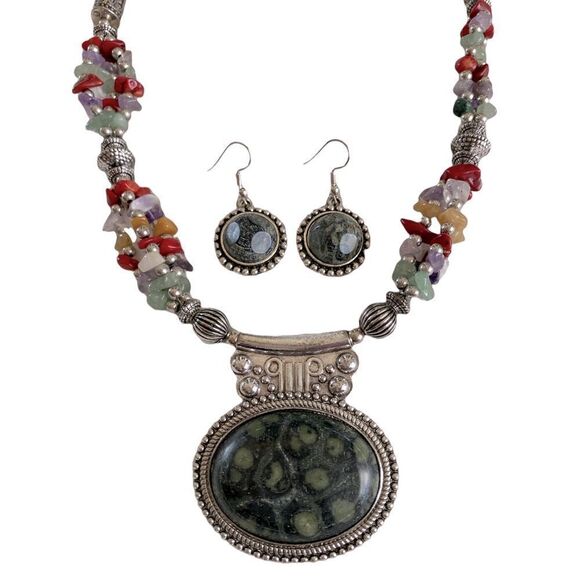 Multi Seed-Stone Beaded Silver Tone Necklace and Dangle Drop Earring’s - Picture 1 of 6